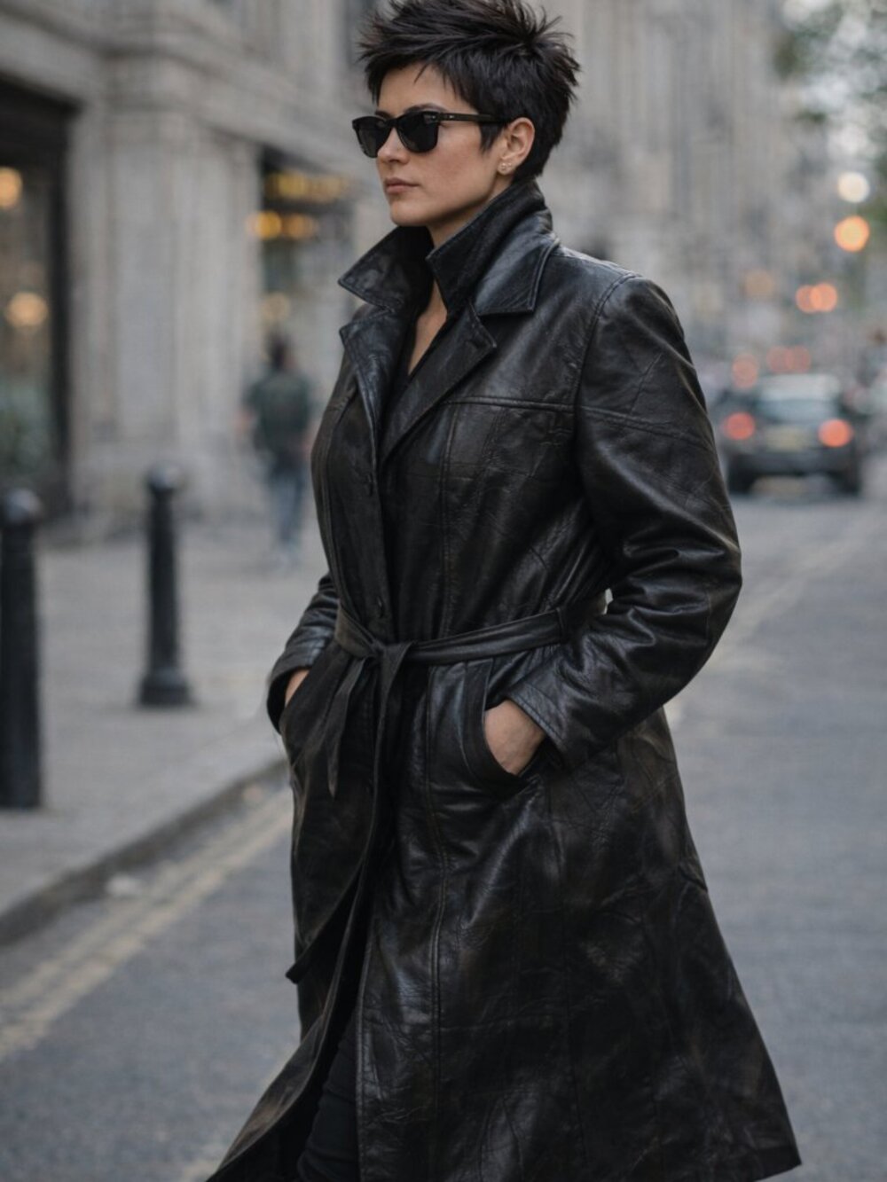 Vintage Leather Patchwork Coat Black Belted Longline Jacket L XL